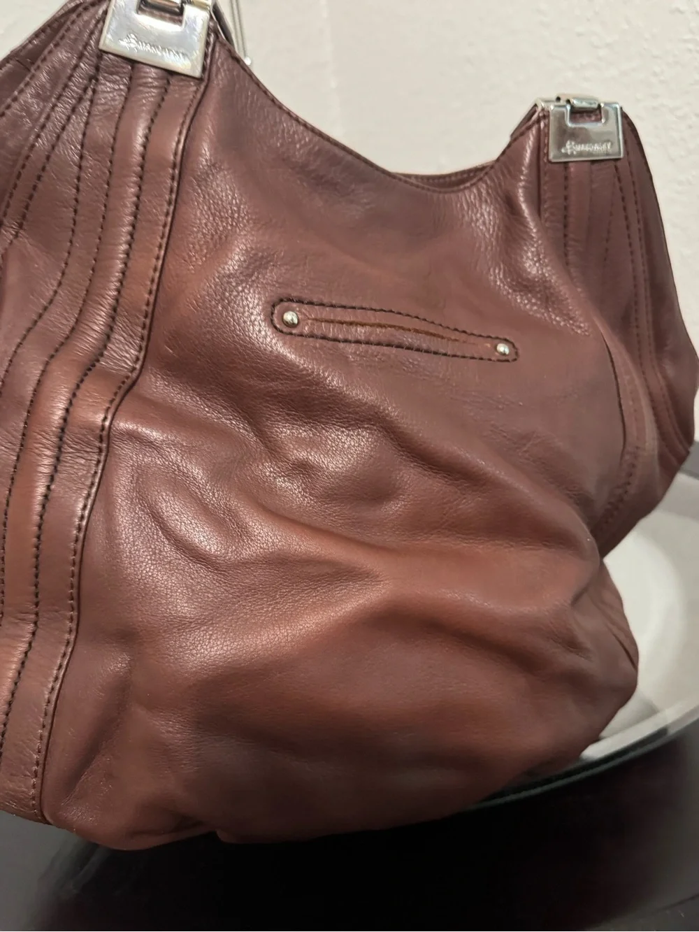 b. makowsky Chocolate Brown Pebbled Leather Hobo